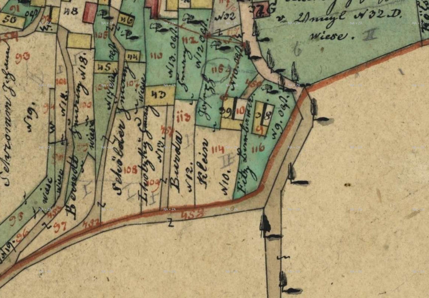 Historická mapa z roku 1836, na níž je u usedlosti čitelný nápis Klein a Nº 10